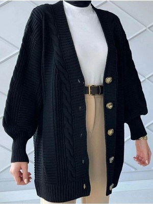 Lugmo Kadın Triko Hırka Akrilik Iplik 80 cm Saç Örgülü Siyah