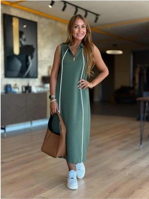 Faylora Kadın Modal Kumaş Şerit Detaylı Fermuarlı Midi Elbise