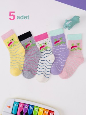 Hobins Sportswear & Company 5 Çift Flamingo Desenli Bebek Çorap ve Çocuk Çorabı Özel Kız Çorap Serisi Sarı,gri,krem,pembe,krem