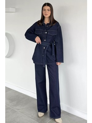 Gülseli Kadın Bel Kuşaklı Jean Kot Ceket Pantolon Ikili Takım P-00019686