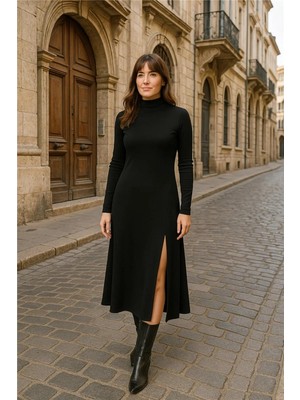 Faylora Kadın Uzun Kollu Balıkçı Yaka Derin Yırtmaç Detay Krep Elbise 120 cm