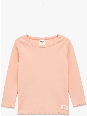 Koton Pamuklu Uzun Kollu Etiket Detaylı Fırfırlı Bisiklet Yaka Tişört