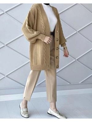 Lugmo Kadın Triko Hırka Akrilik Iplik 80 cm Saç Örgülü Bisküvi