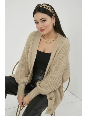 Lugmo Kadın Triko Hırka Akrilik Iplik Saç Örgülü Bej 70 cm