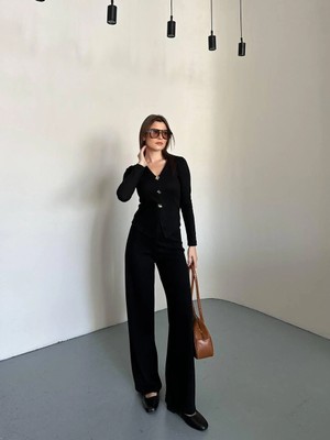 Esila Moda Kadın Siyah Düğmeli Fitilli Ikili Takım