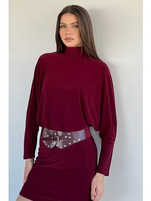 Gülseli Yarasa Kol Kemerli Elbise P-00019765