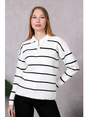 Lugmo Kadın Polo Yaka Oversize Çizgili Fermuarlı Triko Kazak Ekru