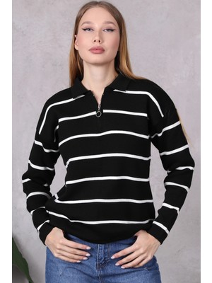 Lugmo Kadın Polo Yaka Oversize Çizgili Fermuarlı Triko Kazak Siyah