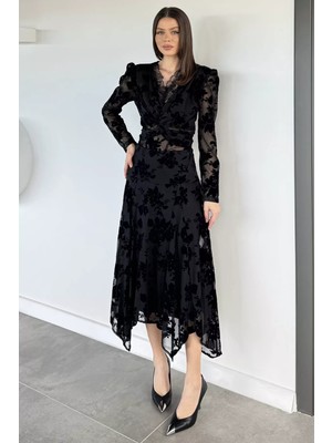 Gülseli Kadın Iç Astarlı Kendinden Desenli Asimetrik Kesim Etek P-00019781