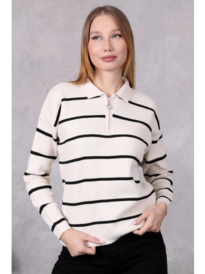 Lugmo Kadın Polo Yaka Oversize Çizgili Fermuarlı Triko Kazak Ten Rengi
