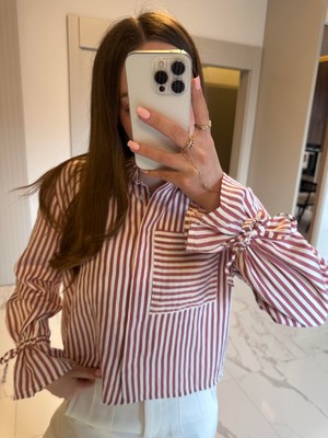 Alyalis Butik Büzgü Manşet Detaylı Çizgili Modal Gömlek - Bordo