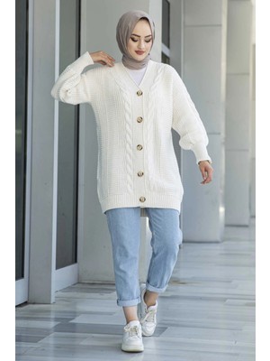 Lugmo Kadın Triko Hırka Akrilik Iplik 80 cm Saç Örgülü Ekru
