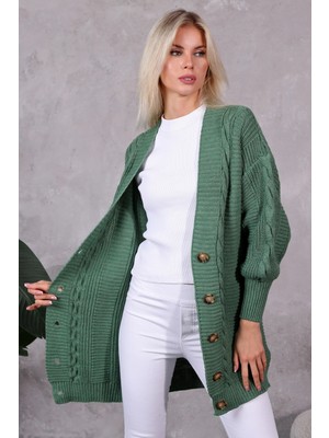 Lugmo Kadın Triko Hırka Akrilik Iplik 80 cm Saç Örgülü Çağla Yeşili