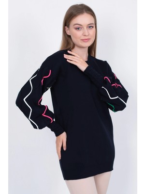 Lugmo Kadın Triko Kazak Kolu Çizgili Koyu Lacivert