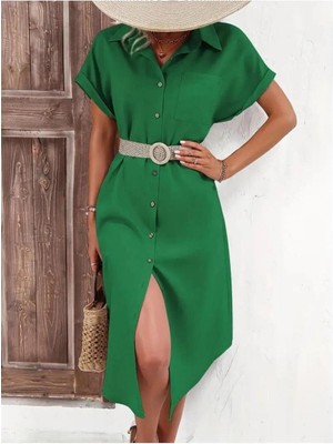 Faylora Kadın Kısa Kollu Yakalı Düğme Detay Midi Dokuma Elbise