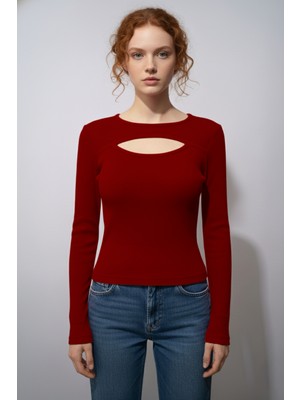 Ys Balıkçı Yaka Cut Out Kesimli Fitilli Kaşkorse Bluz - Kırmızı
