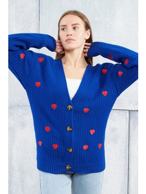 Lugmo Kadın Triko Hırka Kalpli Standart Beden Saks