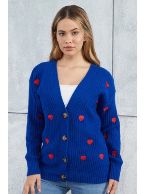 Lugmo Kadın Triko Hırka Kalp Nakışlı Standart Beden Saks