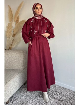 Julude Taş Işlemeli Süet Ceket Bel Lastikli Etek Tesettür Ikili Takım P-00019859