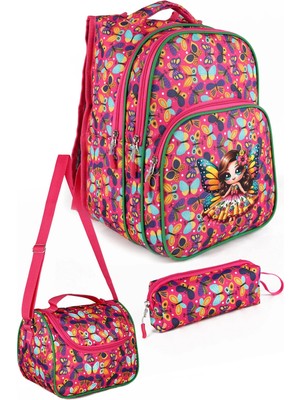 Lugmo 3 Lü Ilkokul Çanta Seti Kız Çocuk Çantası Astarlı Kelebek Pembe