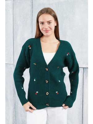 Lugmo Kadın Triko Hırka Çiçek Standart Beden Zümrüt Yeşili