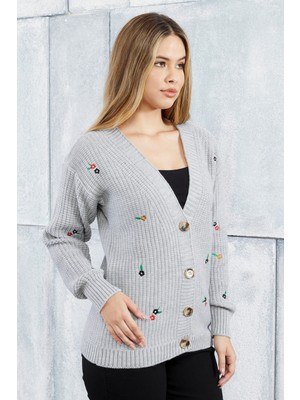 Lugmo Kadın Triko Hırka Çiçek Standart Beden Gri