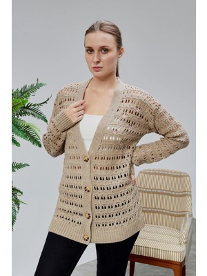 Lugmo Kadın Triko Hırka Çiçek Nakışlı Delikli Standart Beden Vizon