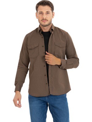 Varetta Erkek Çikolata Kahve Likralı Kot Gömlek Uzun Kollu Çift Cepli Rahat Kalıp