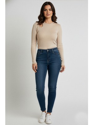 Ys Bisiklet Yaka Cut Out Kesimli Taşlı Fitilli Kaşkorse Bluz - Krem