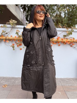 Denizege Butik Kapüşonlu Aplike Uzun Mont Siyah