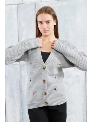 Lugmo Kadın Triko Hırka Çiçek Standart Beden Gri