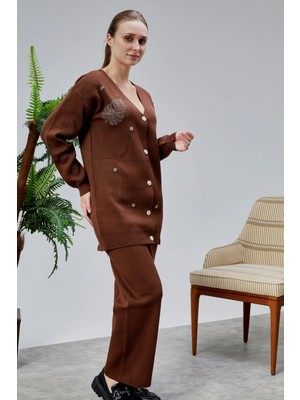 Lugmo Kadın Triko Takım Taşlı Standart Beden Kahverengi