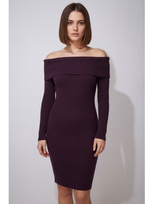 Ys Kadın Mor Dizüstü Madonna Yaka Elbise