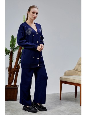 Lugmo Kadın Triko Takım Taşlı Standart Beden Lacivert