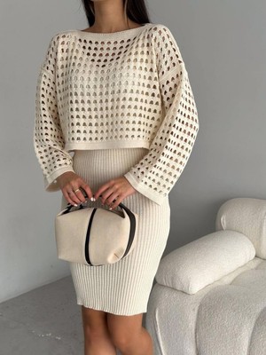 Ys Triko Delikli Kazak Elbise Takım-Bej