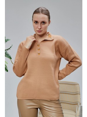 Lugmo Kadın Polo Yaka Oversize Çiçek Nakışlı Triko Kazak Vizon