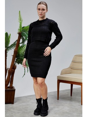 Lugmo Kadın Triko Takım Delikli Kazak ve Askılı Elbise Standart Beden Siyah