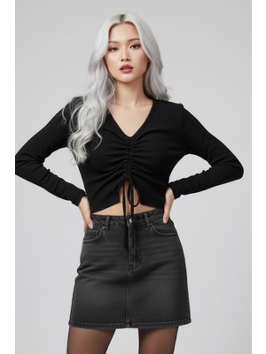 Ys Siyah Uzun Kollu Kaşkorse Crop Bluz Büzgülü V Yaka