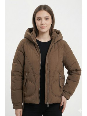 Robin D99901 Kapşonlu Cep Detaylı Kadın Puf Mont Kahve
