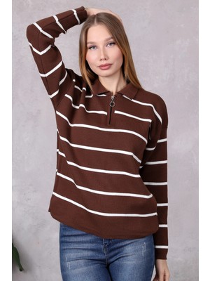 Lugmo Kadın Polo Yaka Oversize Çizgili Fermuarlı Triko Kazak Kahverengi