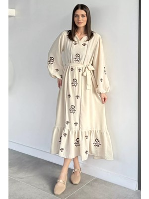 Gülseli Kadın Eteği Fırfırlı Nakışlı Bel Kuşaklı Keten Elbise P-00019710
