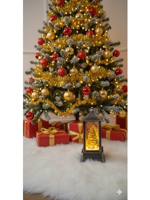 Kesene Dekoratif Antik Görünümlü 14 cm Işıklı Noel Çam Ağacı Feneri yılbaşı Masaüstü Süsü ve Gece Lambası