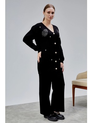 Lugmo Kadın Triko Takım Taşlı Standart Beden Siyah