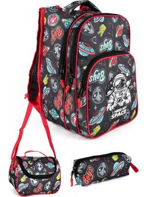 Lugmo 3 Lü Ilkokul Çanta Seti Erkek Çocuk Çantası Astarlı Astronot Siyah