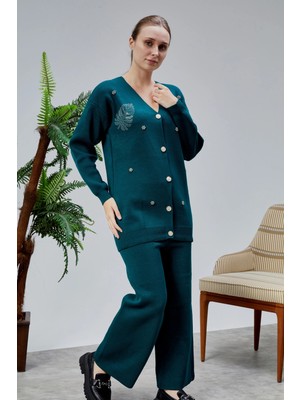 Lugmo Kadın Triko Takım Taşlı Standart Beden Petrol Yeşili