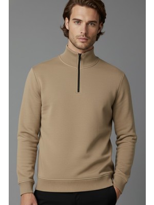 Ys Unisex Kışlık Açık Kahve Yarım Fermuarlı Dik Yaka 2 Iplik Basic Sweatshirt