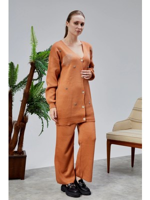 Lugmo Kadın Triko Takım Taşlı Standart Beden Tarçın