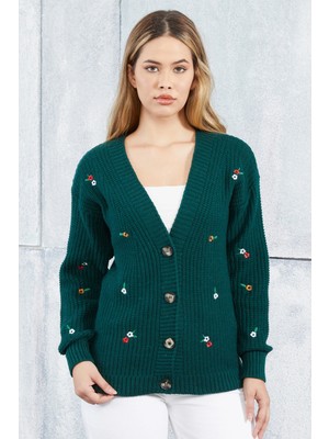 Lugmo Kadın Triko Hırka Çiçek Standart Beden Zümrüt Yeşili