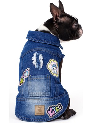 FOURAMOUR Orta Yıkama Denim Köpek Yeleği “Kiss”