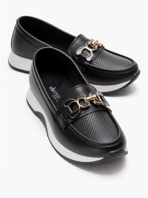 Ccway Kadın Tokalı Günlük Ayakkabı Siyah Cilt Beyaz Tbn